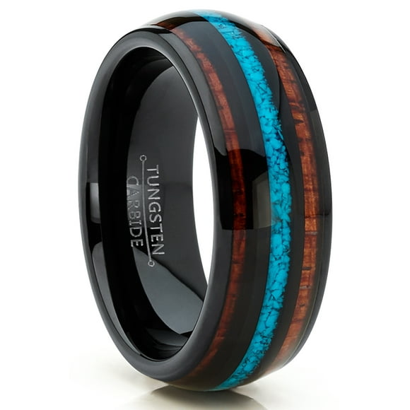 Men's Black Tungsten Wedding Band Engagement Ring Koa Wood Crushed Turquoise Inlay 11.5