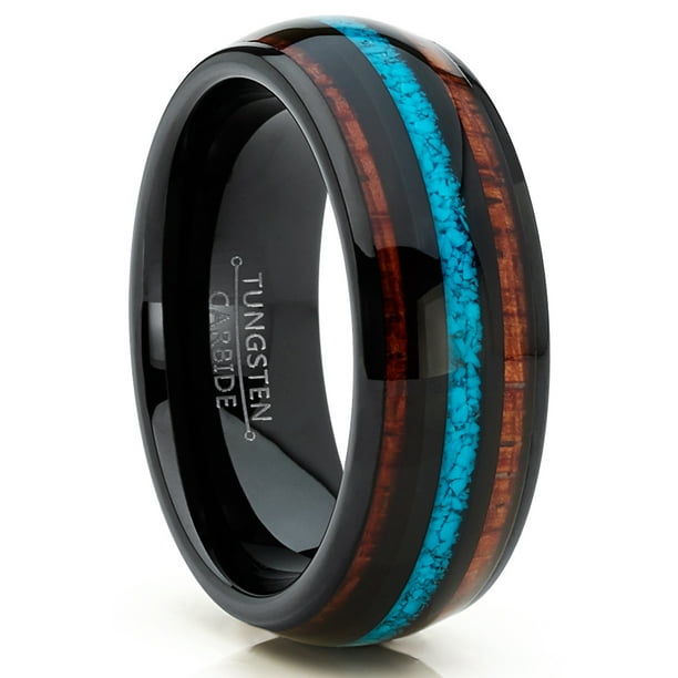 Men's Black Tungsten Wedding Band Engagement Ring Koa Wood Crushed Turquoise Inlay 11