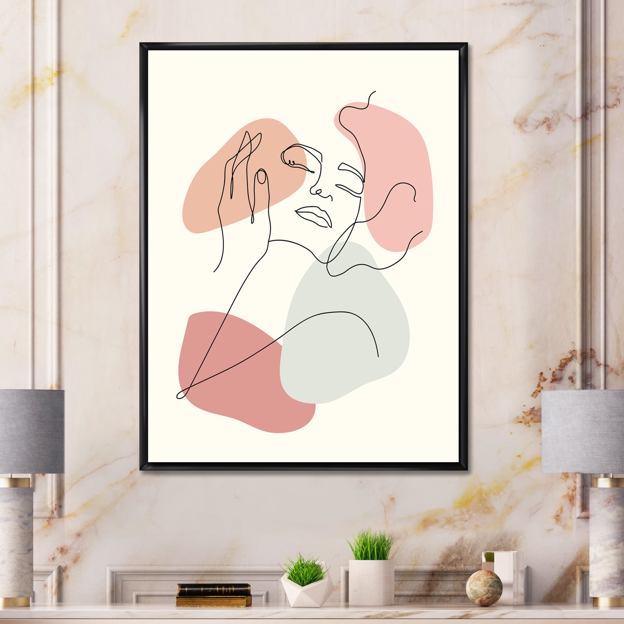 Designart 'Continuous One Line Portrait of Woman' Modern Framed Canvas Wall Art Print
