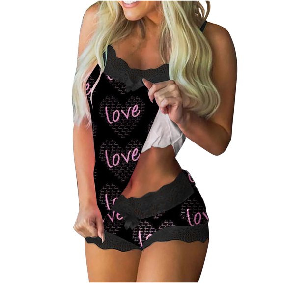 Tbopshirt Pajamas for Women Clearance,Womens Sexy Printing Lace Sling Sleeveless Tank Tops Splicing Shorts Casual Set,Womens Pajama Sets,Summer Savings Deals