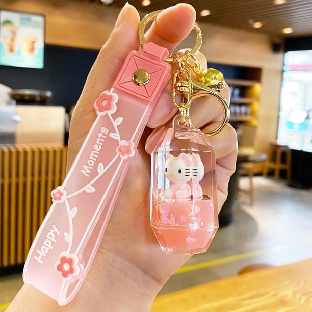 Llavero personalizado personalizado de Hello Kitty, botella de leche acrílica, líquido que fluye, llavero de arena movediza, colgante de líquido móvil