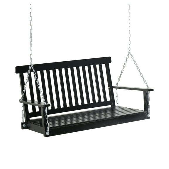 Porch Swing 2-Seater Outdoor, Hanging Patio Swing Chair - 440lbs Capacity, Slatted Wood Bench with Chains, Black