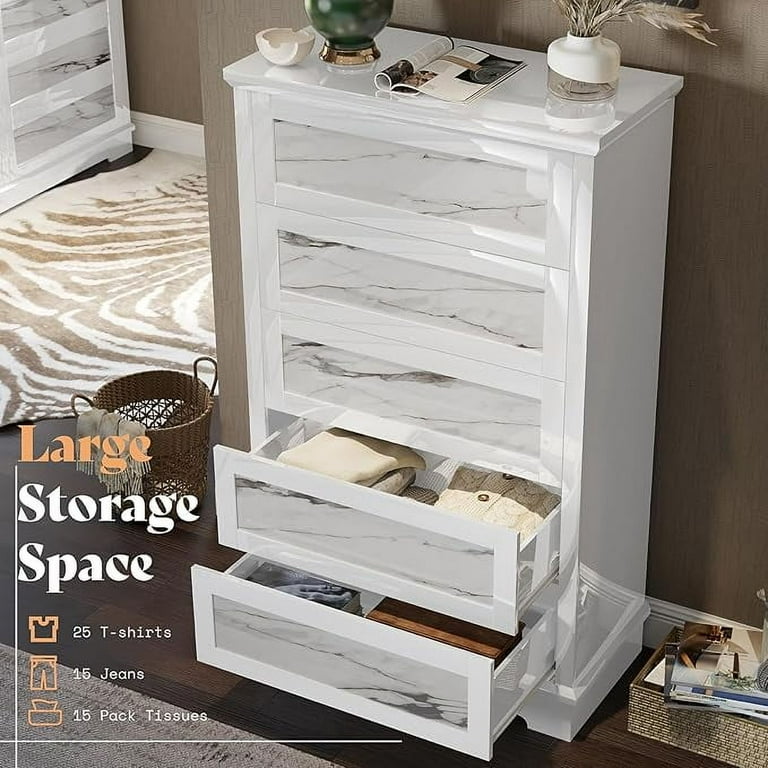 Merluxy Luxury 49.2" H High-Gloss 5 Drawer Dresser, Natural Marble Chest of  Drawers No Handles for Bedroom, Living Room, Modern, White - Walmart.com