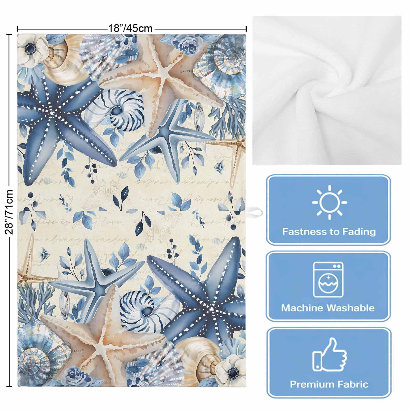 Blue Starfish Coastal 1 Pack Kitchen Towel, Water Absorbent Dish Towel, Eucalyptus Summer Nautical Shell Retro Decorative Hand Towels - Quick Drying Cloth for Cooking Baking, 18x28 Inch