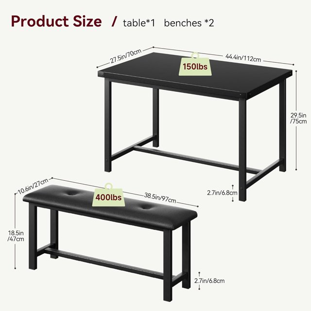 QinaQin Ensemble de Table à Manger pour 4 avec Bancs, Noir Rétro