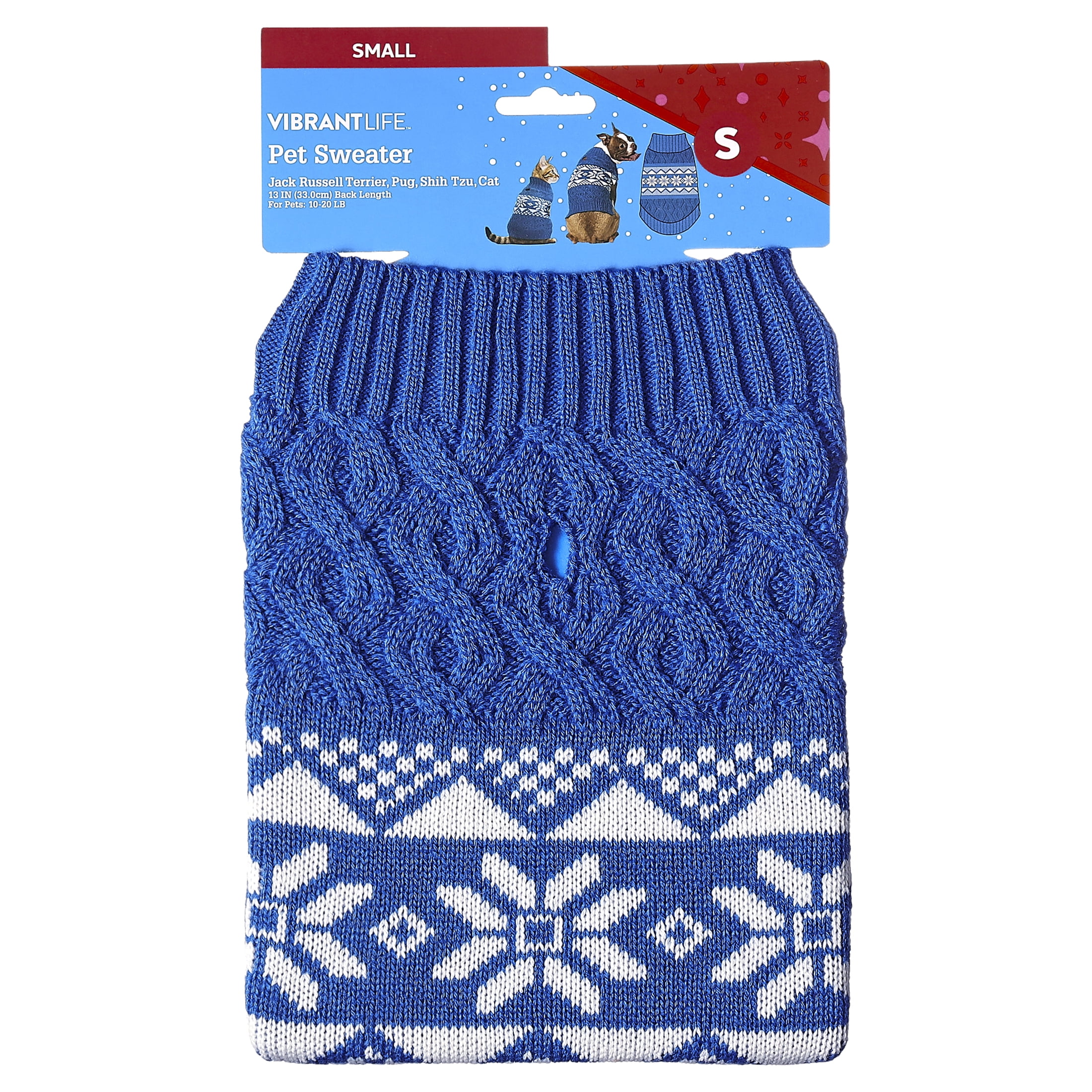 Vibrant Life Holiday Pet Sweater for Cats & Dogs, Snowflakes, Blue, Small