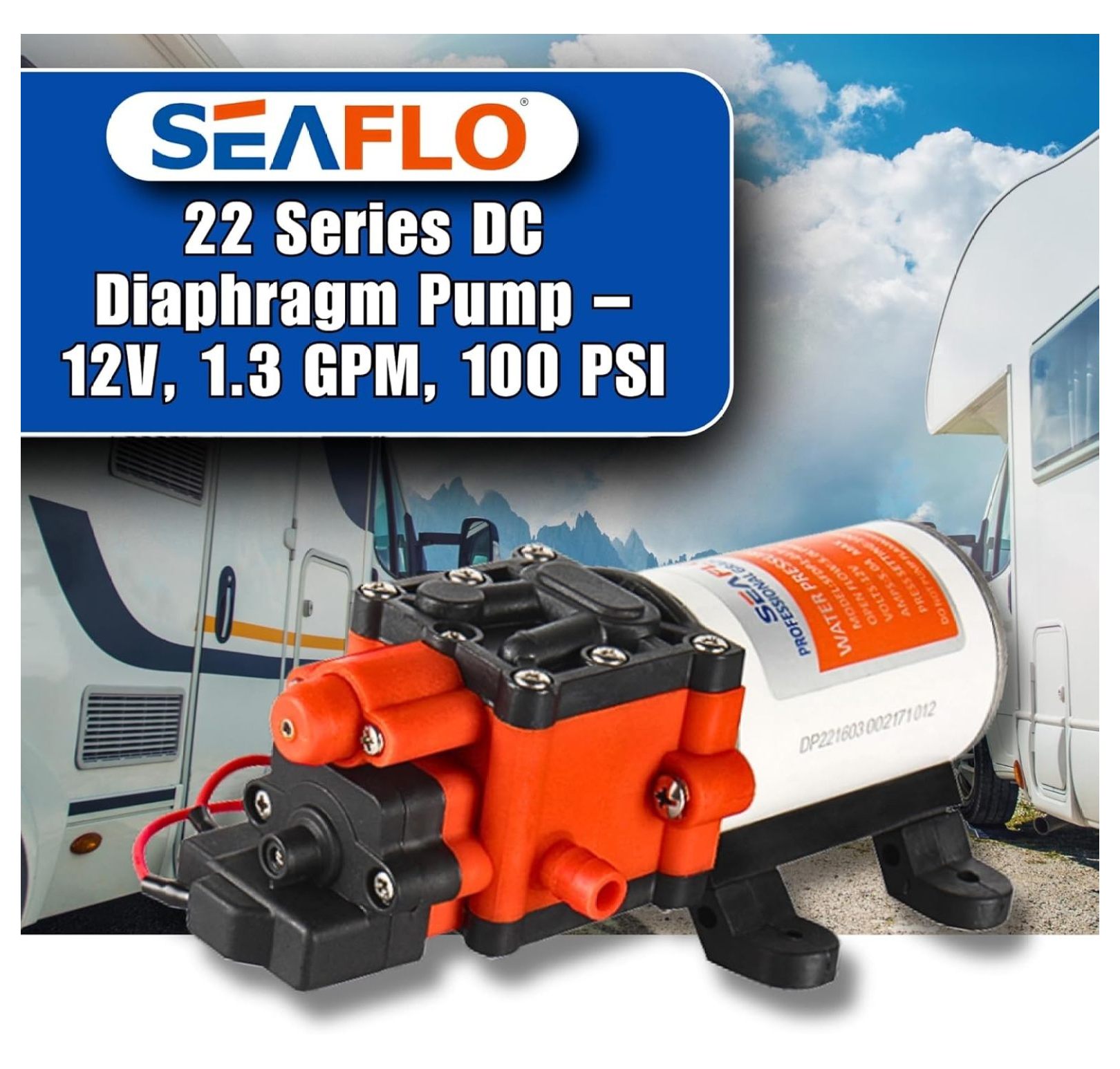 22-Series Water Pump - 12V, 1.3 GPM, 100 PSI - On-Demand Water Pressure Diaphragm Pump for Marine, RV, Agriculture, and Off-Grid Applications