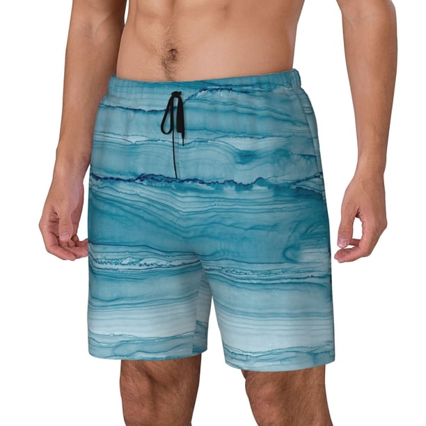 Balery Teal Turquoise Fluid Stripes Bañador para hombre, shorts de playa de secado rápido con entrepierna y forro de compresión-X-Large