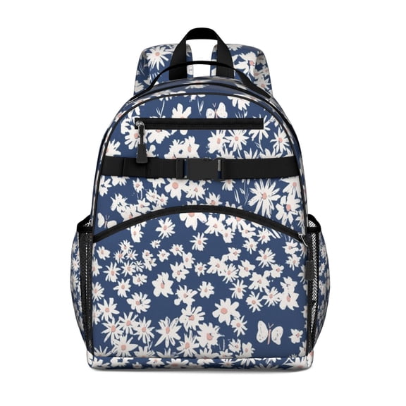 Dark Blue Daisy Flower Pattern Backpack for School,Cute School Bag,Schoolbag with Adjustable Shoulder Straps & Padded Back,15.25"x11.5"x5.25"