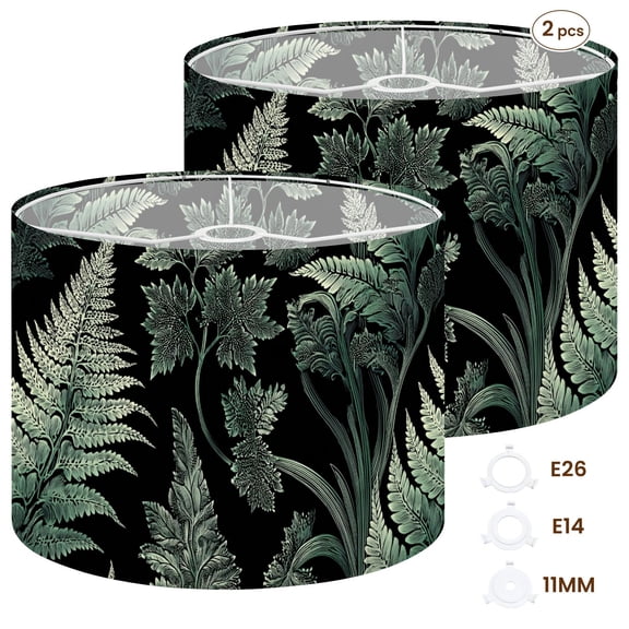 2pcs Set Drum Lampshades (13"x 13"x 10"), japanese intricate style black ferns Fabric Lamp Shades, Large Replacement Shades for Table, Floor, and Pendant Lamps, Simple Assembly Needed.
