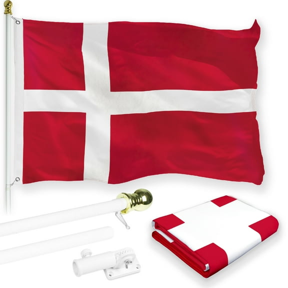 G128 Combo Pack: 6 Feet Tangle Free Spinning Flagpole (White) Denmark Danish Flag 3x5 ft Printed 150D Brass Grommets (Flag Included) Aluminum Flag Pole