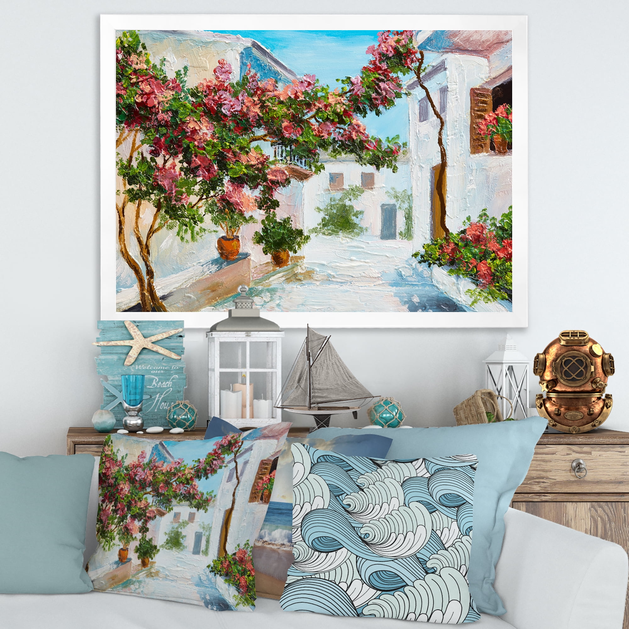 Designart 'Blossoming Flowers With White House Near The Sea' Nautical & Coastal Framed Art Print