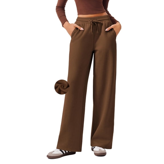 PINSPARK Fleece Lined Wide Leg High Waisted Warm Sweatpants, Brown, Small