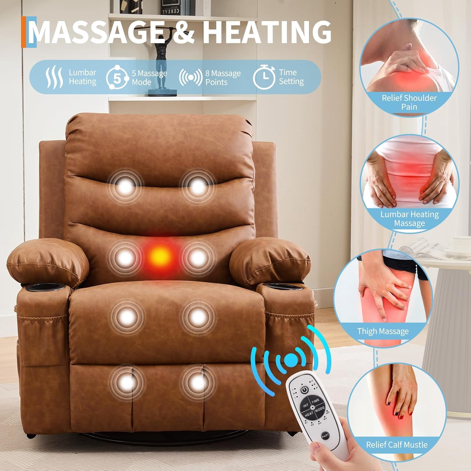 Recliner Chair Nursery, Oversized Manual Reclining Rocking Chair, Corduroy 360 Swivel Glider with Cup Holder, Massage and Heat Recliner, Small Sofa Chairs for Adults, Living Room,Bedroom,（Pu，Brown）