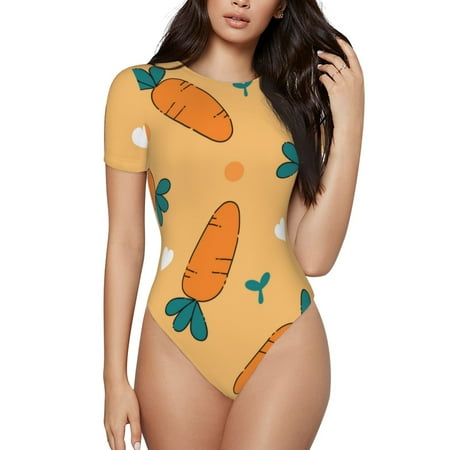 Salouo Love Carrot for Women s Short Sleeve Bodysuit Sexy Bodysuits One Piece Round Neck Bodysuit Shapewear Tummy Control-Small