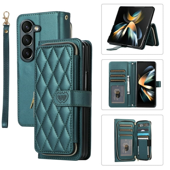 TECH CIRCLE Wallet Case For Samsung Galaxy Z Fold 4,PU Leather Magnetic Flip Folio Purse Case with Card Slots Holder Shoulder Strap Wristlet Girl Women Case for Samsung Galaxy Z Fold 4 7.6",Darkgreen