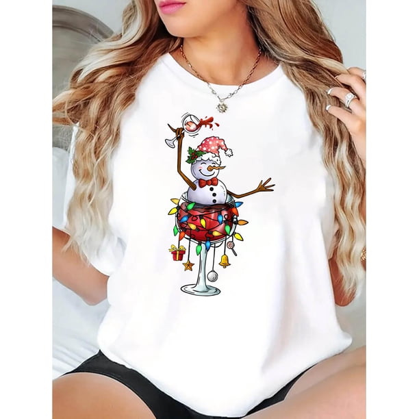 Camiseta De Manga Corta Para Mujer, Camisetas De Verano Para Pescar, Acampar, Uso Diario1pc Festive Christmas Snowman with Wine Glass Print, Women'S Casual Crew Neck Short Sleeve T-Shirt, Polyester