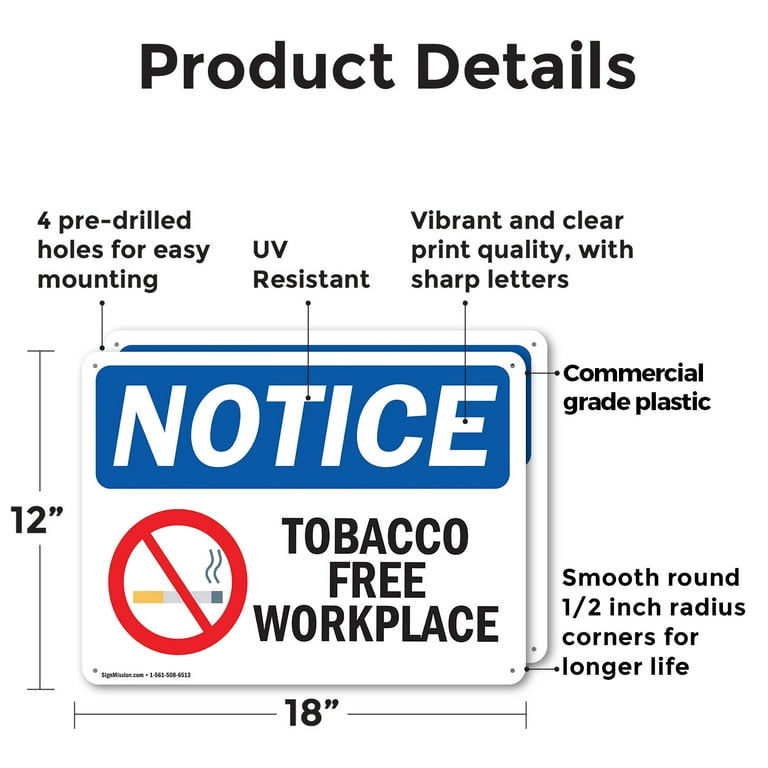 tobacco policy for workplace (2 Pack) Tobacco Free Workplace OSHA Notice Sign 18 Inch X 12 Inch Plastic  Sign, Weather Resistant, UV Protected for Workplace, Business, and