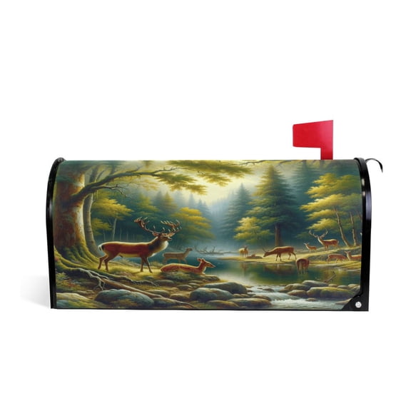 Mailbox Covers Magnetic Large Size Post Box Cover Wrap Outside Waterproof Home Yard Garden Decor Deer in Forest by Water 25.5x21