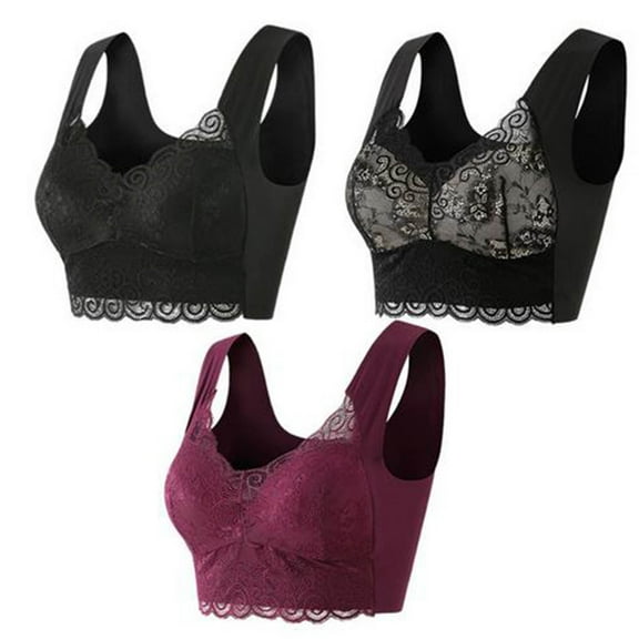 ylioge 3 Pack Lace Bras for Women Plus Size M-5X Wirefree Push Up Bralettes Breathable Pullover Lightweight Support Lifting Underwear Bra