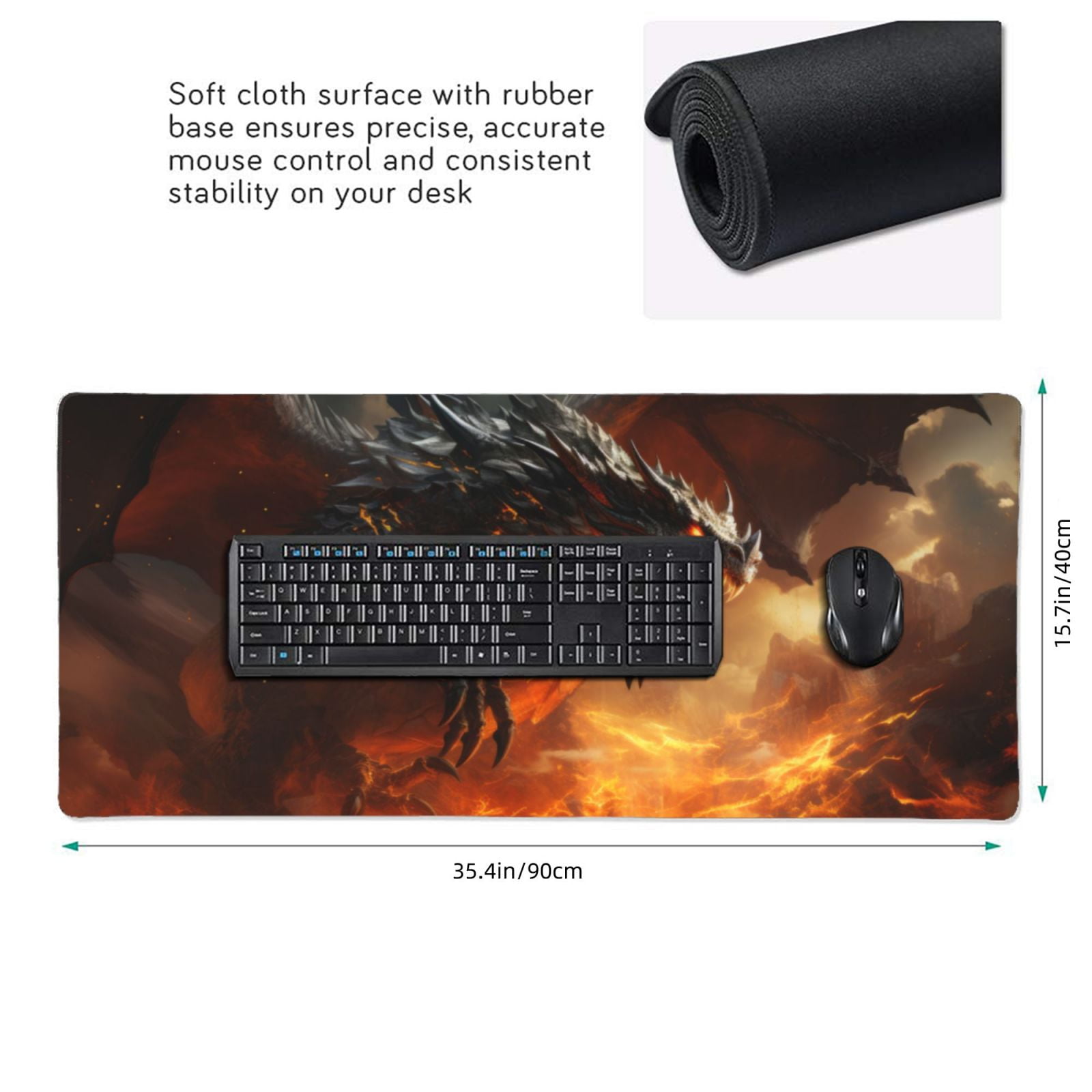 Hirioo Fiery Dragon Of Chaos for Mouse Pad ,Anti-Slip Base, Durable Stitched Edges, Perfect for Gaming, Office, and Home Use,16x35.5in
