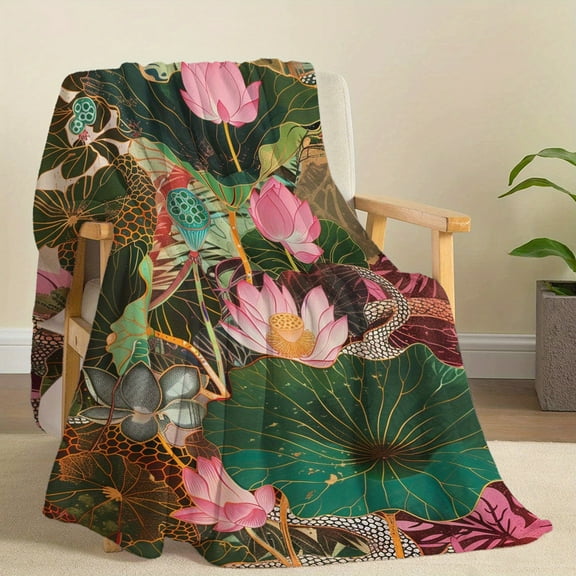 For Lotus Leaf Print Flannel Throw Blanket - Soft, Cozy & Lightweight for All Seasons - Ideal for Bed, Sofa, Office, Camping & Travel