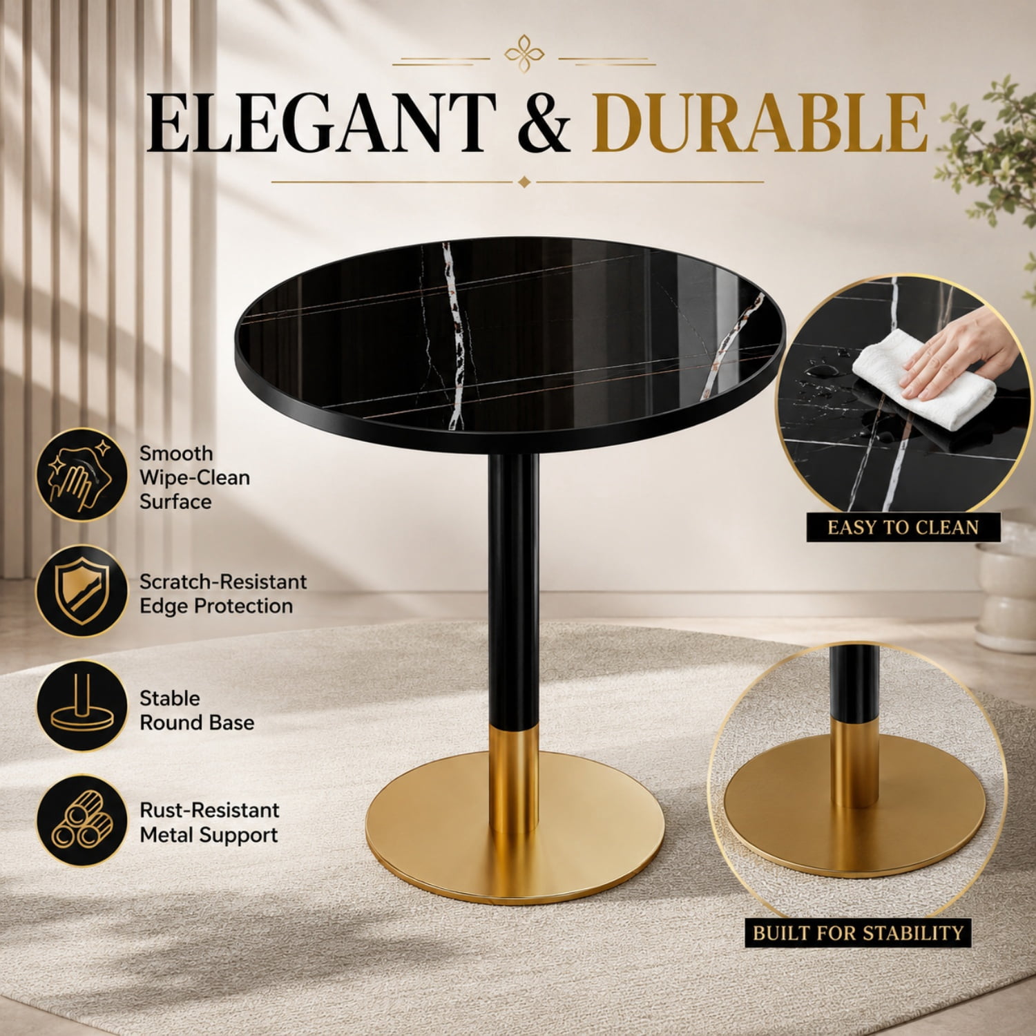 Miniyam 31.5 in. Round Tulip Dining Table for 2-4, Glossy Stone-Look Pedestal Table for Kitchen or Small Spaces, Black&Gold