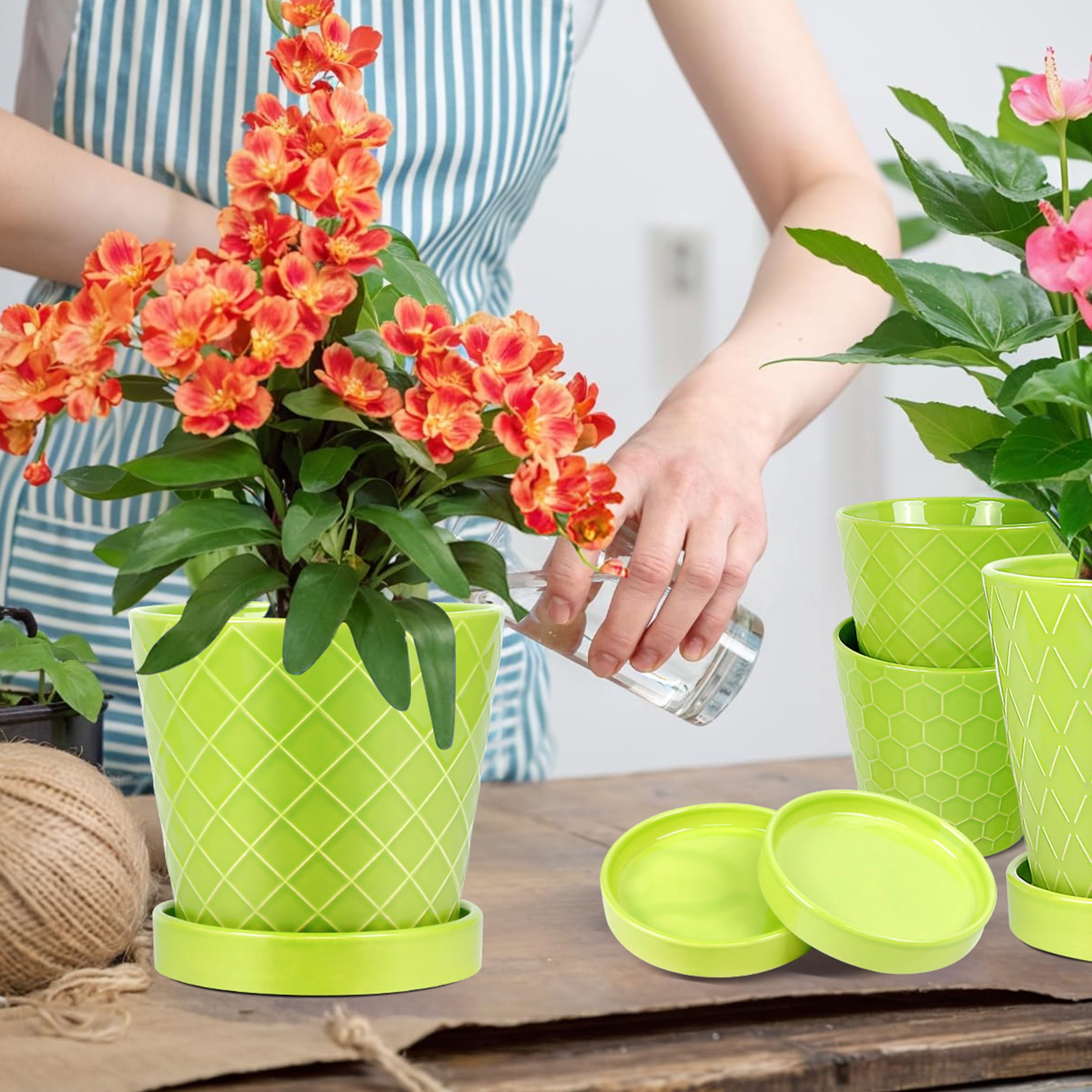 BUYMAX 5" Ceramic plant pots with drainage hole and tray, 4-Pack-4-patterns, gardening home desktop office windowsill decoration， green flower pots indoor