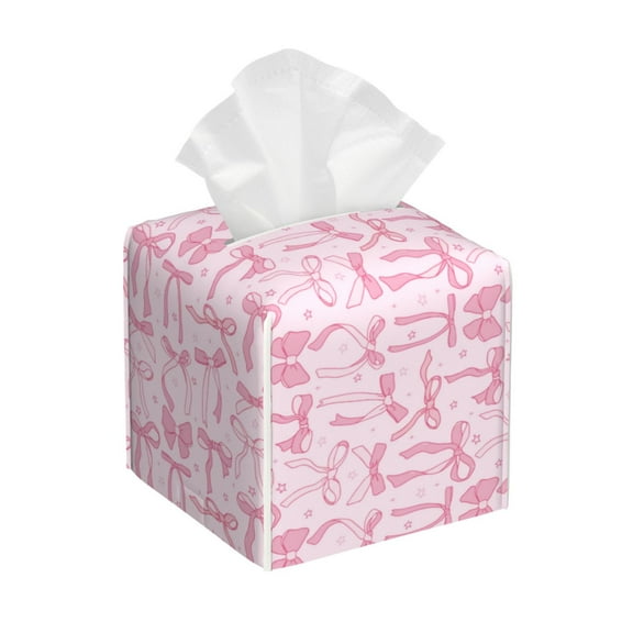 Leather Tissue Box Cover Square - Ribbon Bow Waterproof Tissue Box Holder Paper Case Organizer Dispenser for Modern Home Office Room Home Bathroom Decor