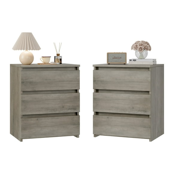 Homfa 3 Drawers Nightstand Set of 2, Small Sofa Table, Wooden Storage Cabinet for Living Room, Grey Finish