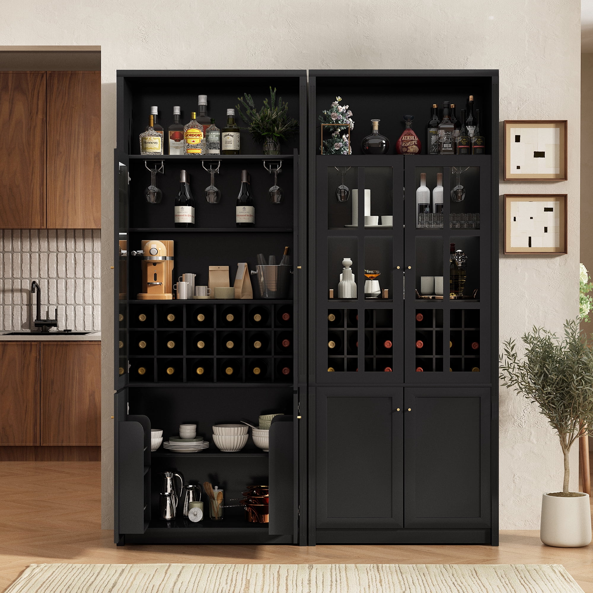 Euroco 78.7" Tall Modern Wine Bar Cabinet with Glass Doors,Coffee Bar Cabinet with 18 Wine Racks, Stemware Rack,Door Storage Shelves & Adjustable Shelves for Kitchen Dining Room,Black