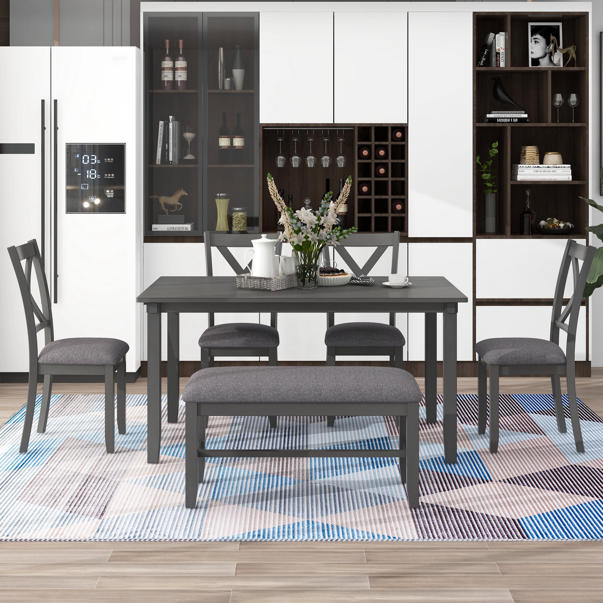Howcool 6-Piece Kitchen Dining Set, Rectangular Wood Table, 4 Fabric Chairs & Bench, Gray