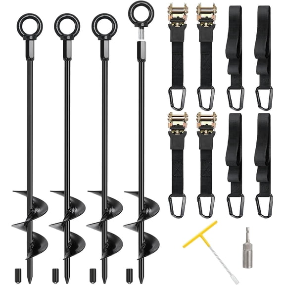 TooTaci 18" Trampoline Anchors Screw in，Ground Anchors Stakes with 4 Ratchet Straps Against High Winds for Outdoor Tent， Shed，Carport , Swing Set