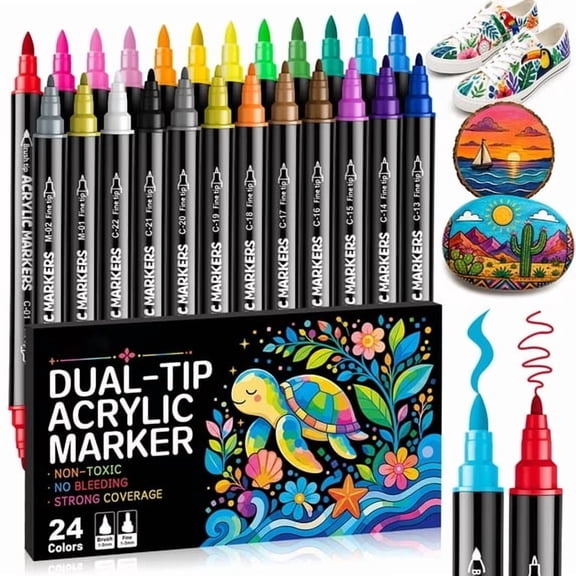 24 Colors Acrylic Paint Pens, Dual Tip Waterproof Markers, Quick Dry High Pigment Paint Pens for Rock Painting Wood Canvas Ceramic Glass DIY Art Crafts