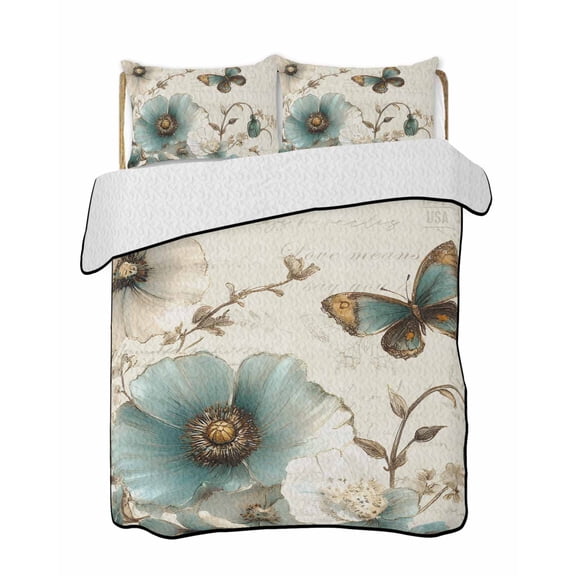 Quilts Full Size, Turquoise Tulip Soft Comforter Bedding Set for Bed, Spring Vintage Botanical Butterfly Floral Lightweight Quilted Bedspread with Pillow Cover(2 Pieces) for All Season, 78x90 Inch