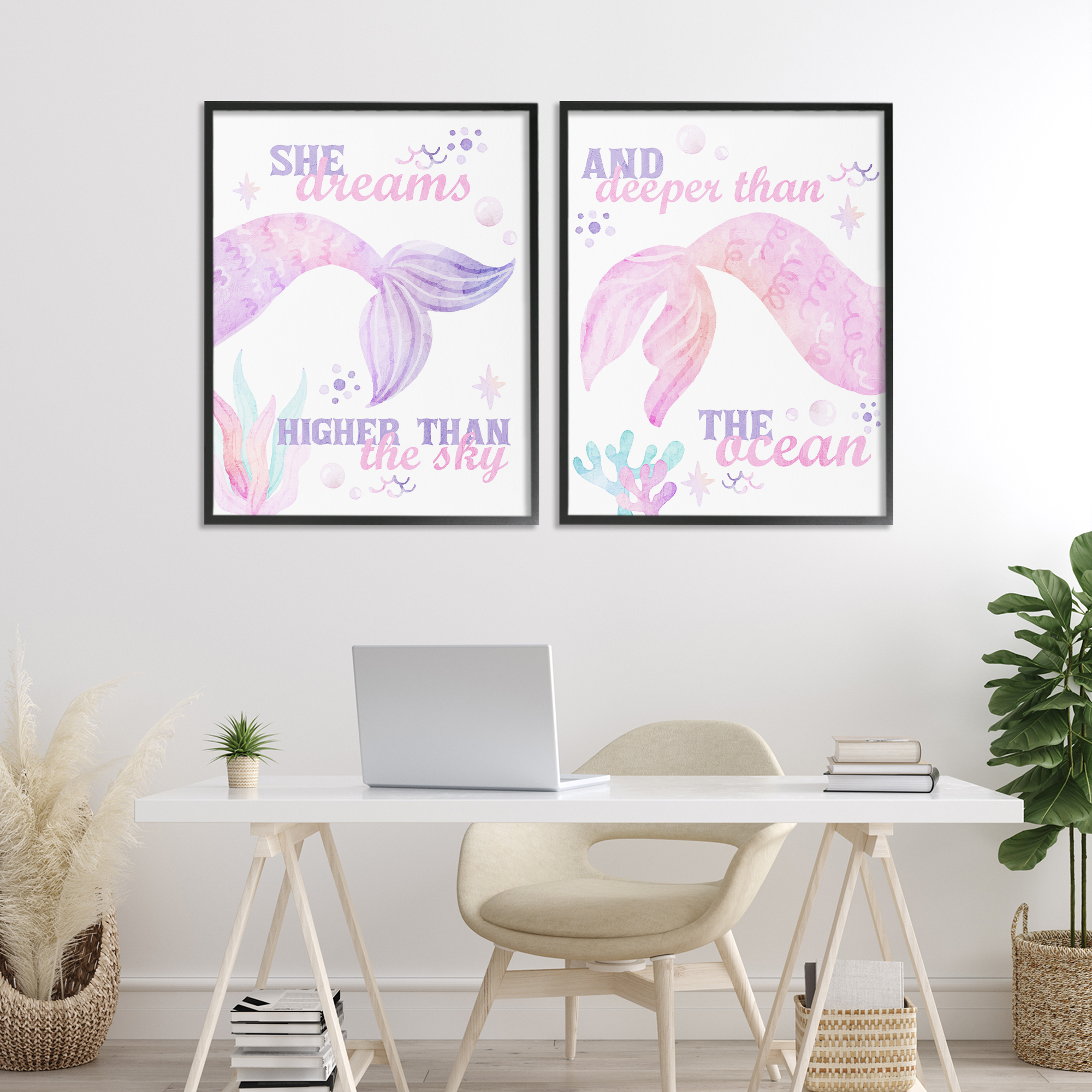 Mermaid Dreams Ocean & Sky 2 Piece Black Framed Giclee Art Set, design by Kim Allen