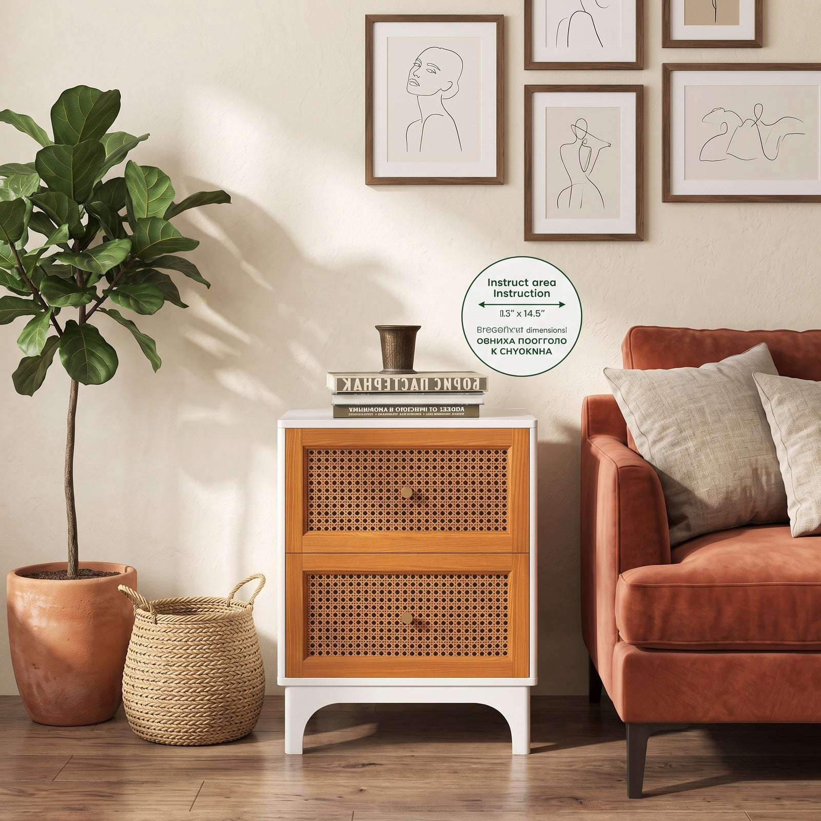 Furnibear Boho Accent Nightstand with 2 Handwoven Rattan Drawers and Solid Wood Legs plus Golden Knobs for Bedroom, White