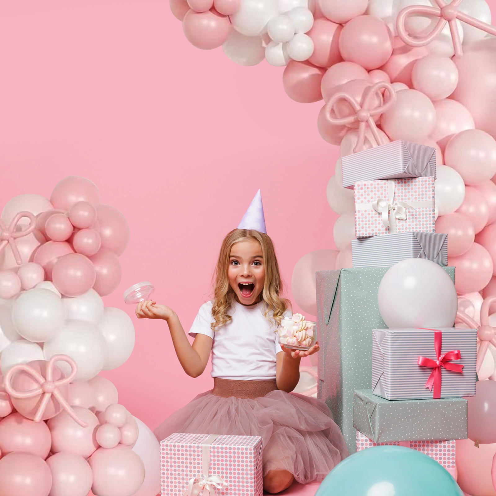 SKTMH 128Pcs Bow Balloon Garland Arch Kit Bow Party Supplies Coquette Birthday Decorations Pink White Balloon Garland Pink White Balloons for Wedding Women Girls Bachelorette Bow Party Decorations
