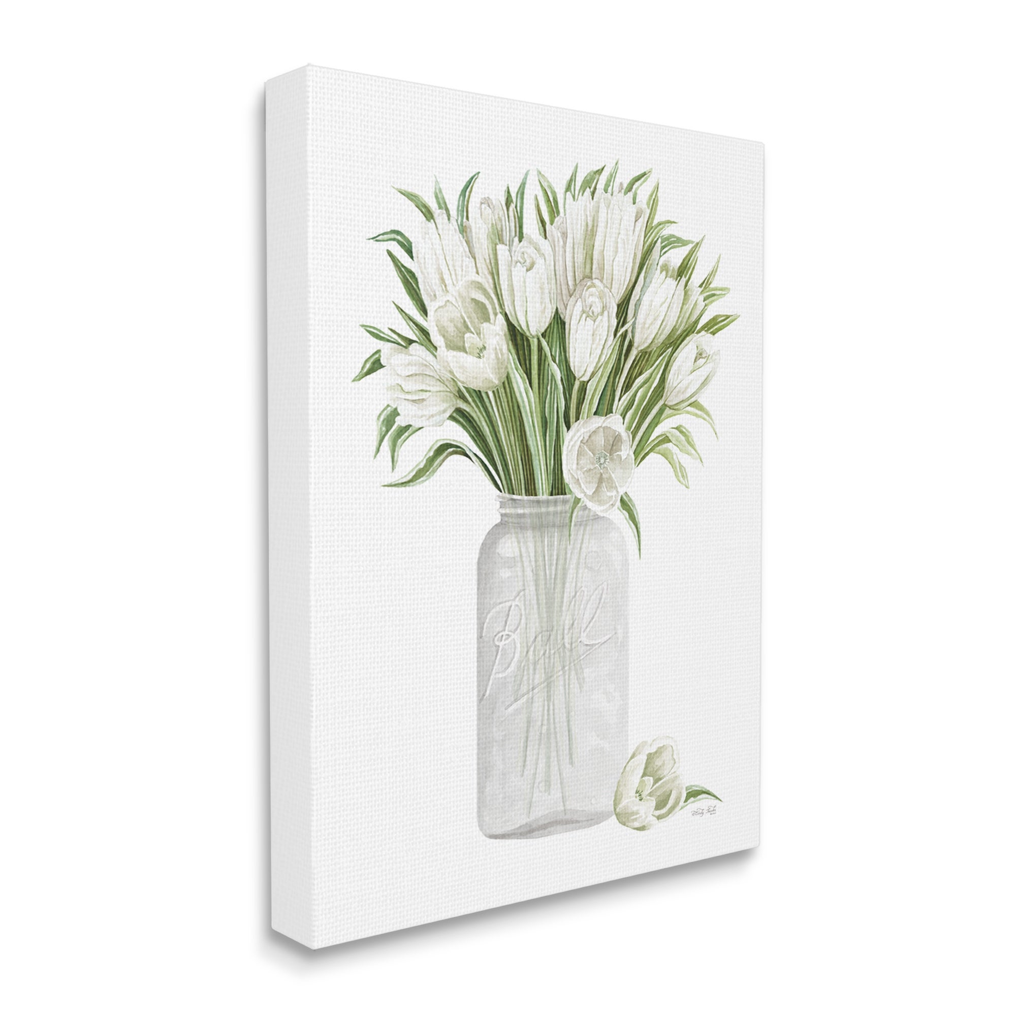 Stupell Industries White Tulips Rustic Country Jar Falling Blooms Painting Gallery Wrapped Canvas Print Wall Art, Design by Cindy Jacobs