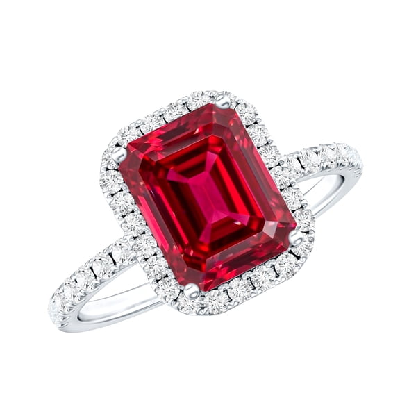 Rosec Jewels Certified Lab Grown Ruby Engagement Ring with Diamond Halo - Emerald Cut Ruby Ring - AAAA Quality Certified, 925 Sterling Silver, US 4.00
