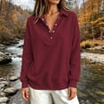 thumbnail image 4 of Sweatshirt for Women Basic Long Sleeve Sweatshirts Casual Fleece Button Henley Neck Pullover Wine XL, 4 of 5