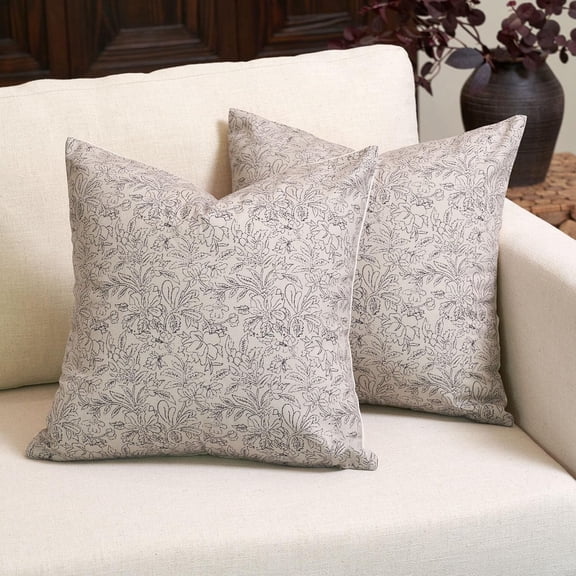 Floral Throw Pillow Covers — Square 20x20 Inch — Set of 2 Vintage Block Print Pillow Covers — Soft & Breathable — Hidden Zipper— Decorative Couch Pillows for Farmhouse Accent