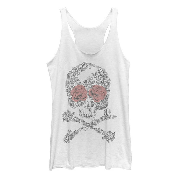 Women's Lost Gods Rose Skull and Crossbones  Racerback Tank Top White Heather 2X Large