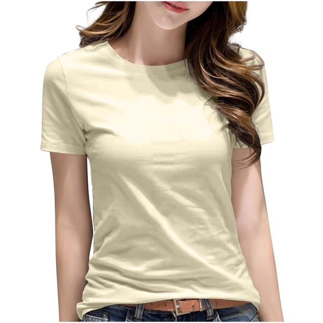 Hauts Basiques en Coton pour Femmes Grande Taille Manches Courtes T-Shirt Décontracté Classique Col Rond T-Shirts Beige, TG
