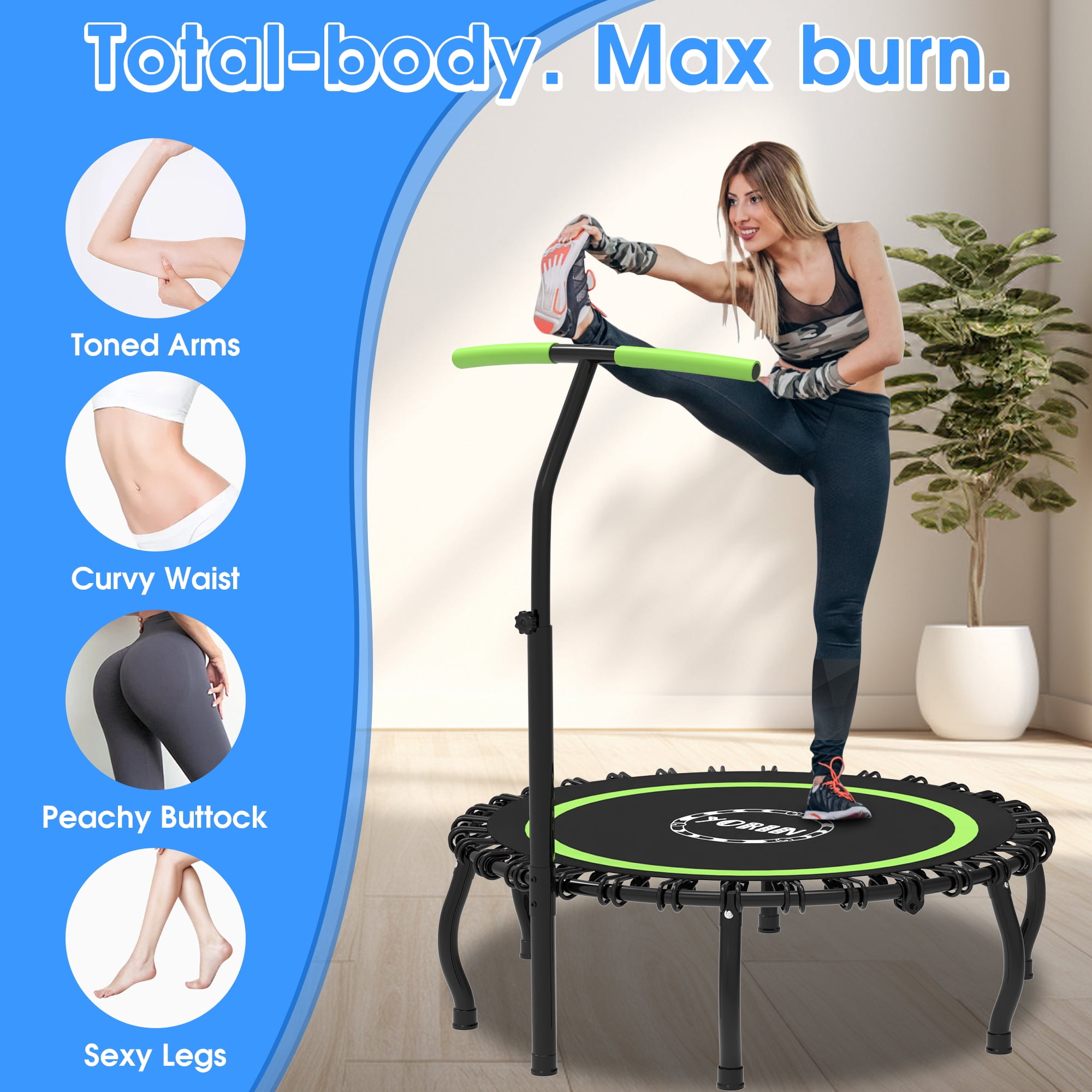 YORIN Rebounder Foldable Trampoline for Adults, 330LBS Fitness Indoor Trampoline, 40" 48" 50" Mini Exercise Trampoline with Bungees, 3 Level Adjustable Foam Handle Bar, Stable Quiet Small Trampoline