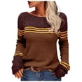 thumbnail image 1 of PEASKJP Women Autumn Winter Colorblock Pullover Sweaters Round Neck Striped Slim Fitting Knitwear Tops(Coffee,M), 1 of 6