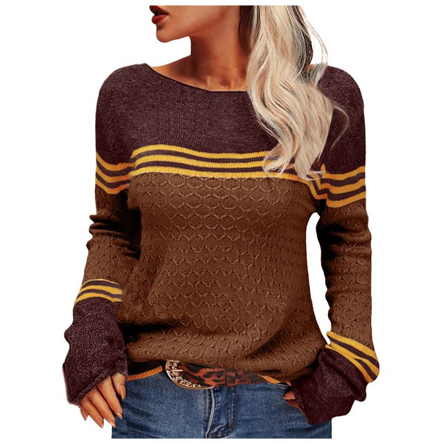 PEASKJP Women Autumn Winter Colorblock Pullover Sweaters Round Neck Striped Slim Fitting Knitwear Tops(Coffee,M)