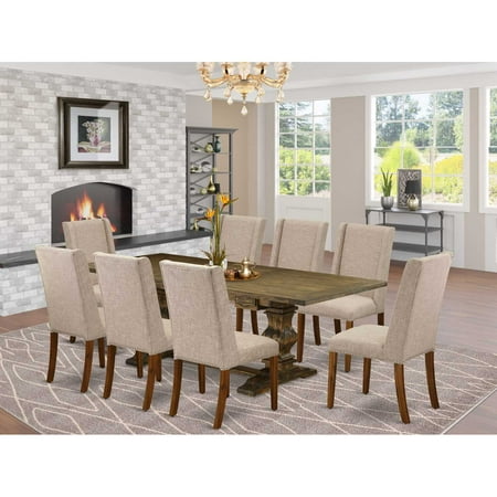 East West Furniture LAFL9-78-04 dining set- 9 Piece with Chairs Legs and Clay Color Linen Fabric 8 parson chairs and wood dining room table – Antique Walnut and Distressed Jacobean Finish