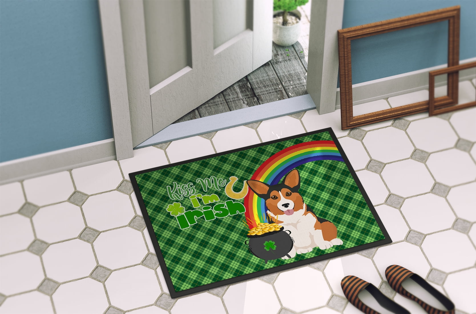 Sable Pembroke Corgi St. Patrick's Day Indoor or Outdoor Mat 24x36 36 in x 24 in