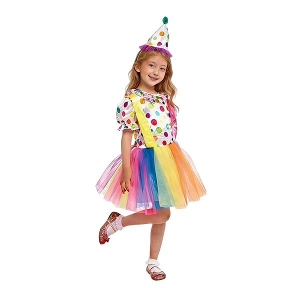 CONZONE Carnival Toddler Girls Clown Dress Up Colorful Mesh Lace Dress With Hat Funny Party Stage Performance Outfits